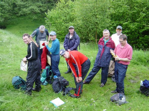 Graham, Andy, Paul, Brian, Ian, Pat, Pete & John ready for the off! (Note. John has his walking stick here!)