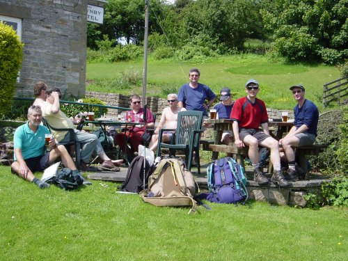Pub stop (John still has his walking stick!).
